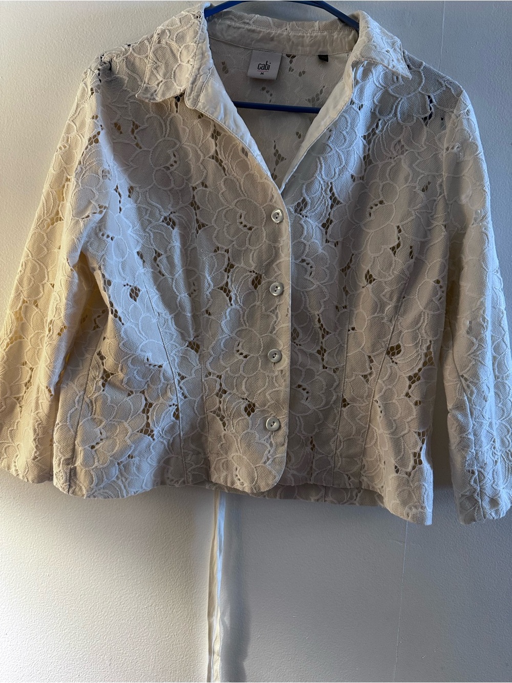 CAbi Cream Floral Lace Button-Front Blazer